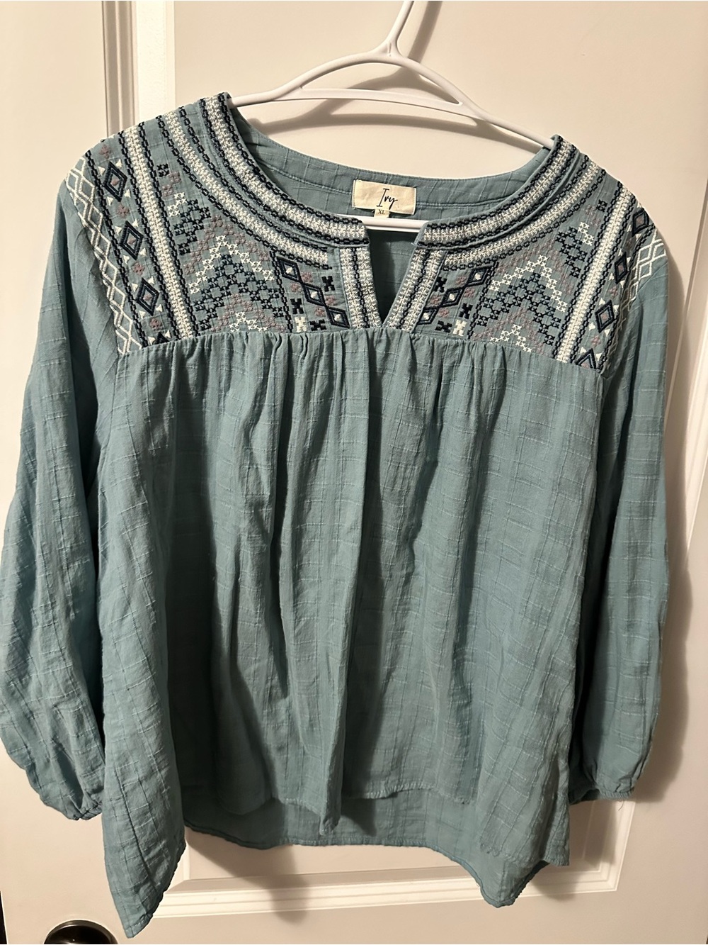 Ivory Ella Embroidered Dusty Teal Peasant Tunic